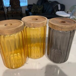 Amber and Smoke Glass Storage Jars with Wooden Lids - Set of 3